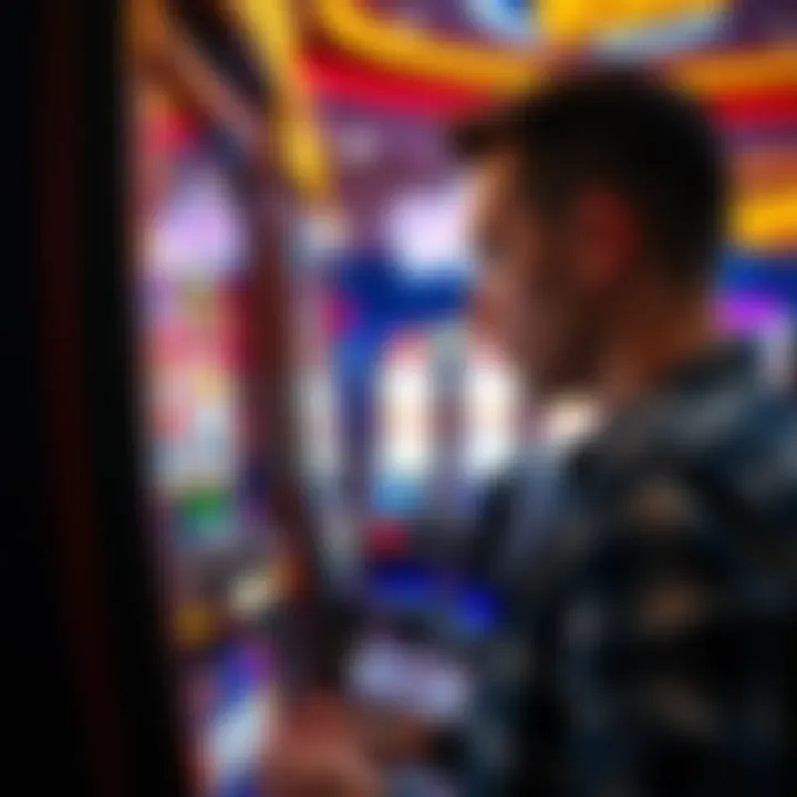 A player looks focused at a slot machine, with various symbols on the screen, illustrating the illusion of control in gambling.