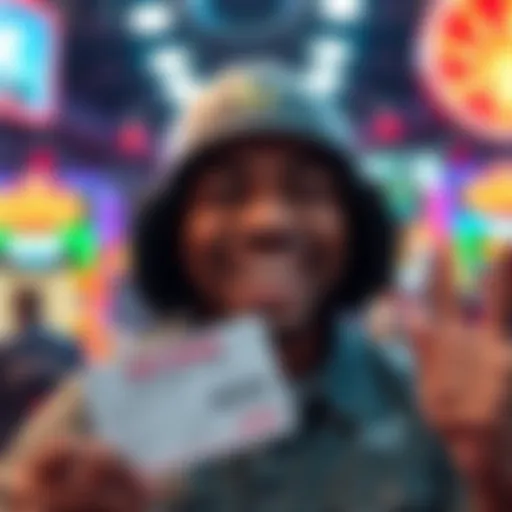 A joyful player with a big smile holding a winning ticket after a series of losses in gambling.