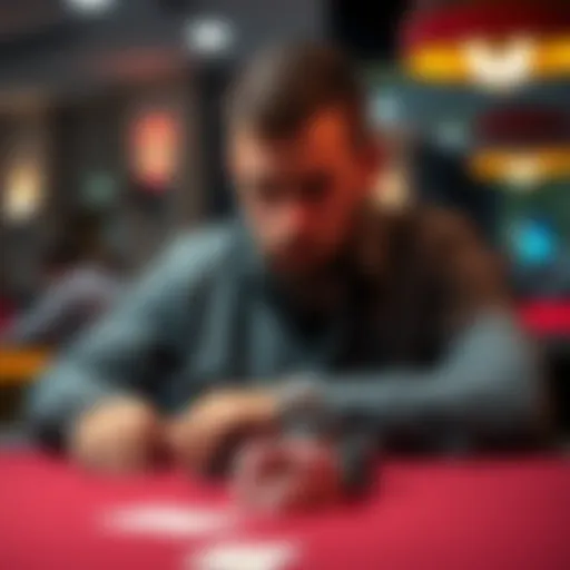 A worried player at a poker table, reflecting on a failed all-in bet with empty chips in front of him.