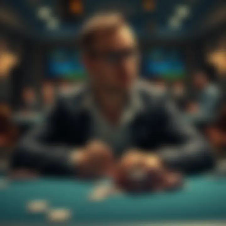 A man sitting at a table with cards and chips looking worried, contemplating his next move in a game, showing the struggle of gambling.