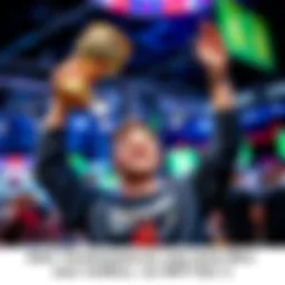 A player smiles and raises a trophy after winning two tournaments in one night, with a bustling tournament scene in the background.