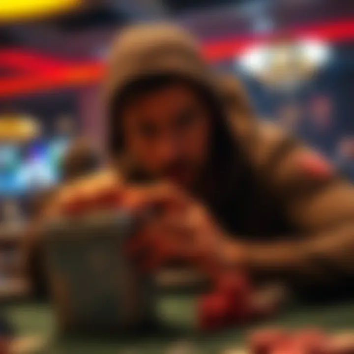 A focused player holding a cooler while considering their next move in a poker game