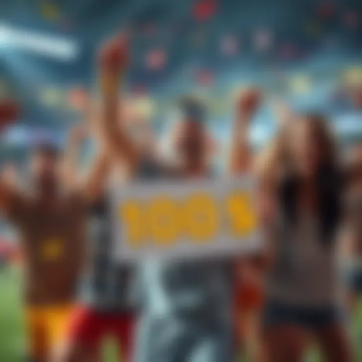 A joyful player holding a sign that says 100$ winner, surrounded by cheering friends