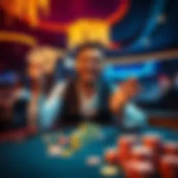 A happy player at a casino table, holding cards and showing excitement after winning side bets, with colorful chips scattered on the table