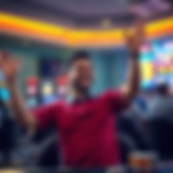 A player smiles and raises arms in victory after winning a large amount of money while gambling.