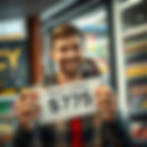 A happy player holding a winning lottery ticket with a $75 prize in front of a store