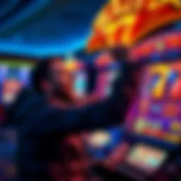 A player excitedly celebrating a big jackpot win at a Blazing 7s slot machine in a casino