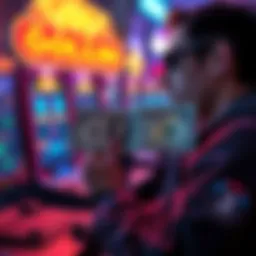 A player holding a 5-dollar bill, looking hopeful while sitting in front of a gaming screen at SB Goblin