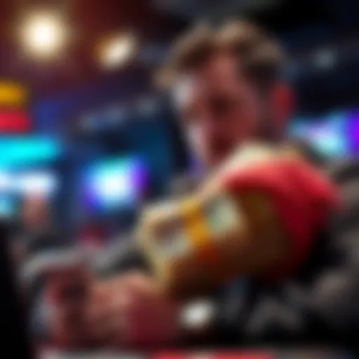 A poker player looking worried while holding a large stack of cash, contemplating the risks of withdrawing money from an online gaming platform