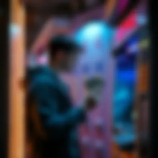A person at an ATM withdrawing cash, looking concerned after gambling losses