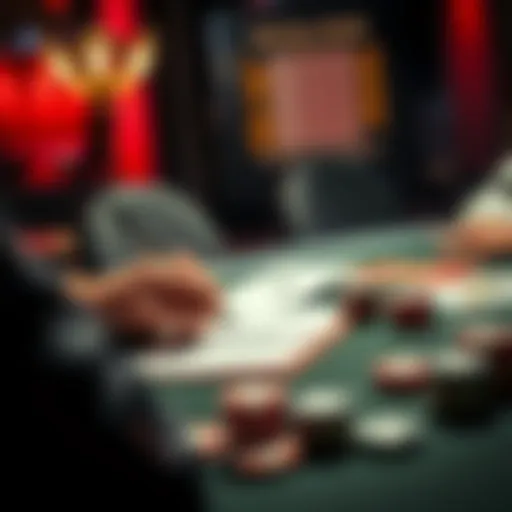 A poker player taking notes with a pen and notepad during a game, focused on their cards and chips.