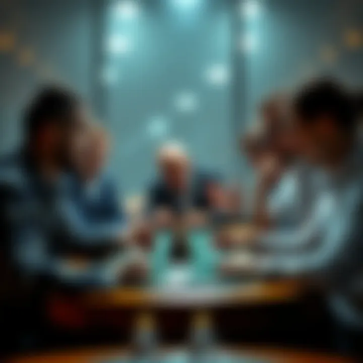 A group of players sitting around a table, studying each other's expressions and gestures while playing a card game.