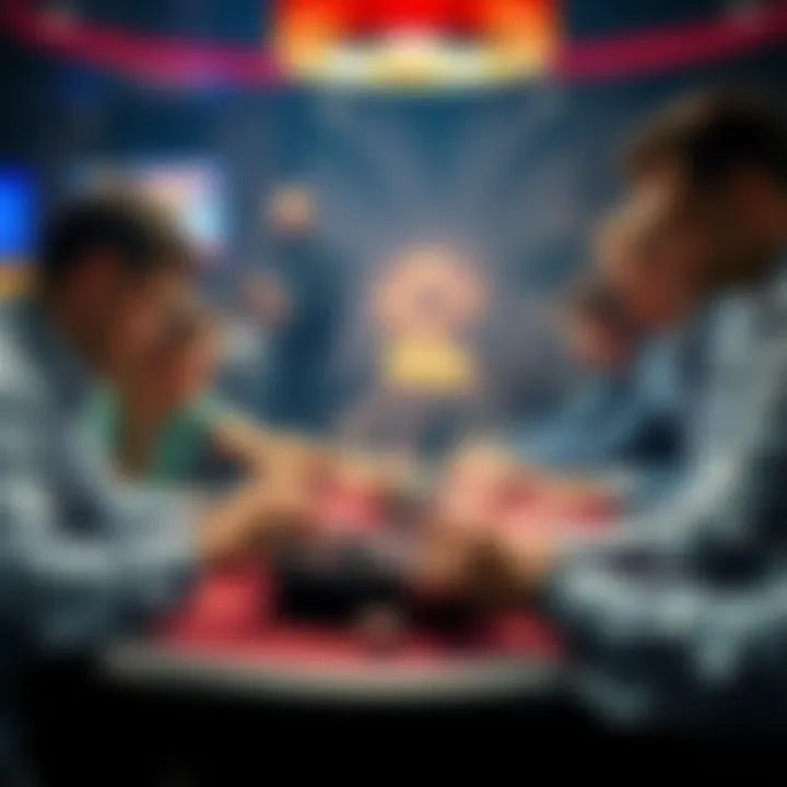 Group of players focused on a gambling table, considering their next move as chips and cards are visible.