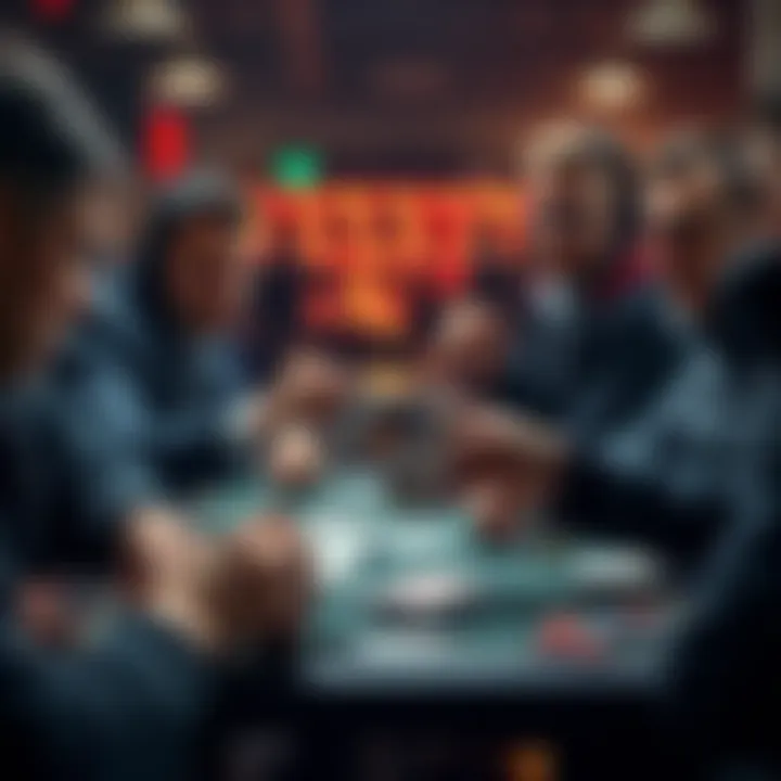A group of players in a tense game, with one player slowly bending a card, causing frustration among others.