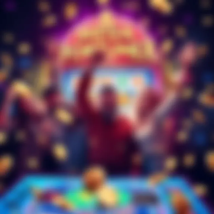 Group of players joyfully celebrating their wins at a casino slot machine, with colorful lights and coins around them