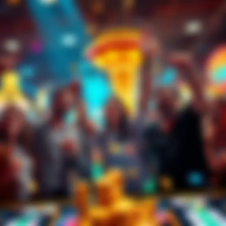 A group of people joyfully celebrating a jackpot win at a casino, displaying excitement and happiness.