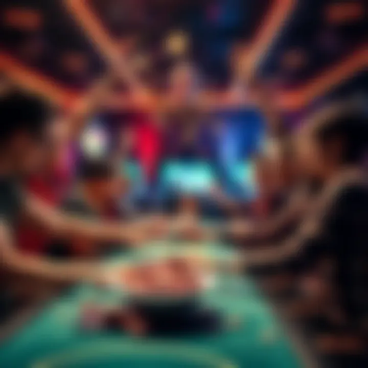 Players celebrating their wins A group of happy players celebrating at a gaming table after winning big prizes