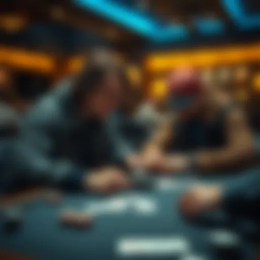 Two players at a poker table are contemplating their hands, focusing on the cards and making strategic decisions.