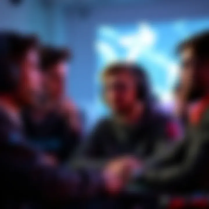 A group of players engaged in a conversation about whether gaming sessions are competitive or for fun, with thoughtful expressions on their faces.