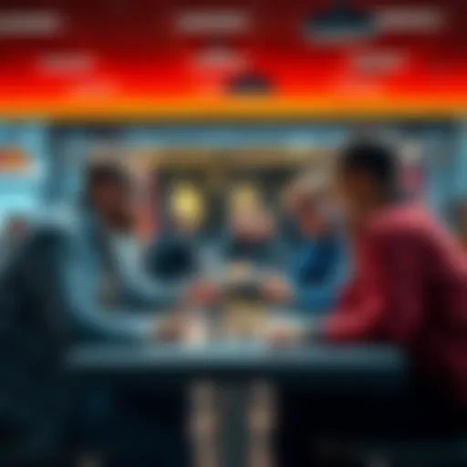 A group of inexperienced players debating and analyzing strategies around a table during a game session.