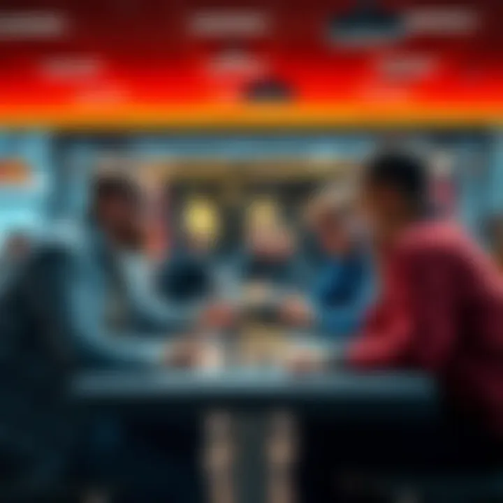 A group of inexperienced players debating and analyzing strategies around a table during a game session.