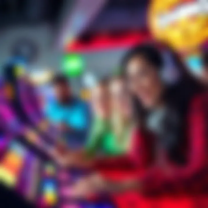 A group of people happily playing games at a Krypto-Casino, celebrating their wins with digital currency