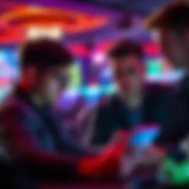 A group of frustrated players looking at their devices, discussing problems with online casino withdrawals