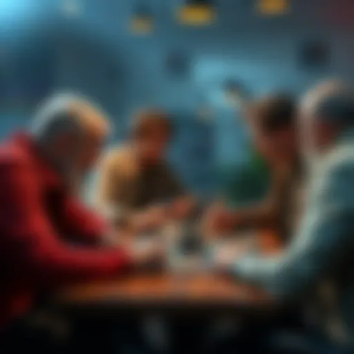 A group of players analyzing their moves in a strategic card game, focusing on their opponents' strategies