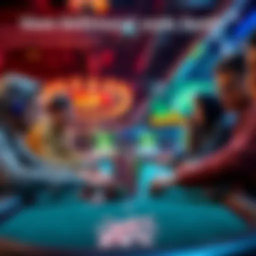Players overcoming a gaming challenge Group of players strategizing at a poker table with chips stacked high, focused on winning back their losses