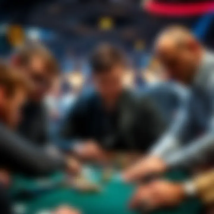 Players analyzing cash game strategies A group of poker players studying patterns and strategies in a live cash game setting, with cards and chips visible on the table.