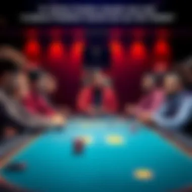 Nine players sitting at a poker table contemplating a game strategy while one player looks toward the bathroom