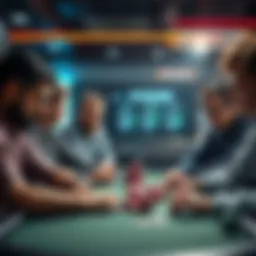 Players at a poker table A group of people playing online poker on laptops, showing expressions of concentration and excitement