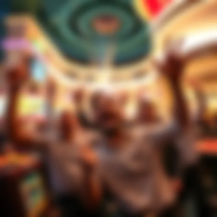 Group of excited players cheering and celebrating their winnings inside the Bellagio Casino.