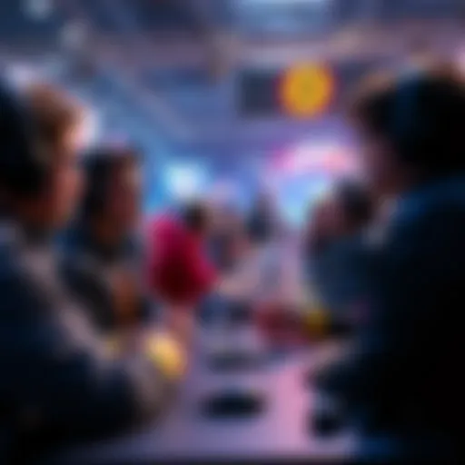 A group of gamers debating the pros and cons of combo games at a gaming event