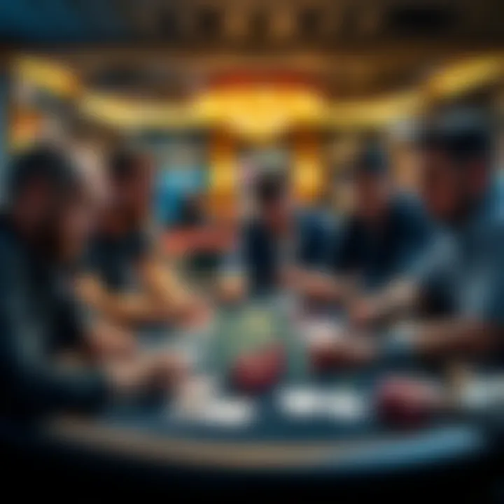A group of people gathered around a Blackjack table, focused on their cards and chips, enjoying the game together