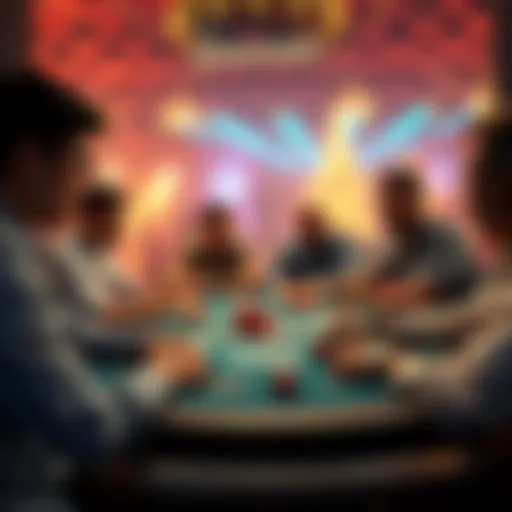 A group of players engaged in a poker game at the WSOP, with cards and chips spread out