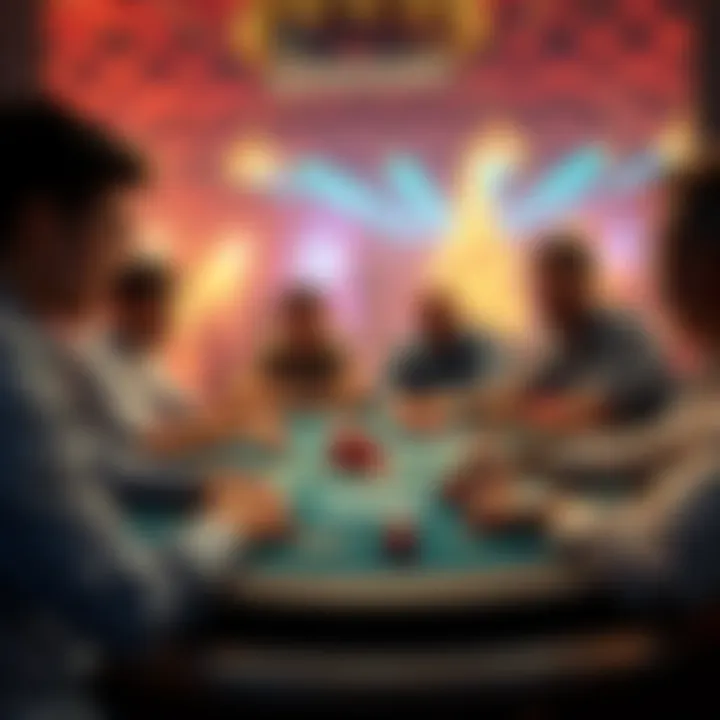 A group of players engaged in a poker game at the WSOP, with cards and chips spread out