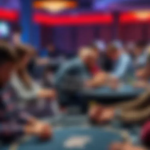 A group of diverse players sitting at poker tables, some looking at their cards while others are focused on the chips, symbolizing participation in a tournament.