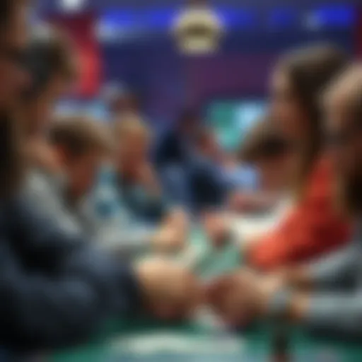 A group of stressed players at a tournament focused on their cards and expressions of doubt