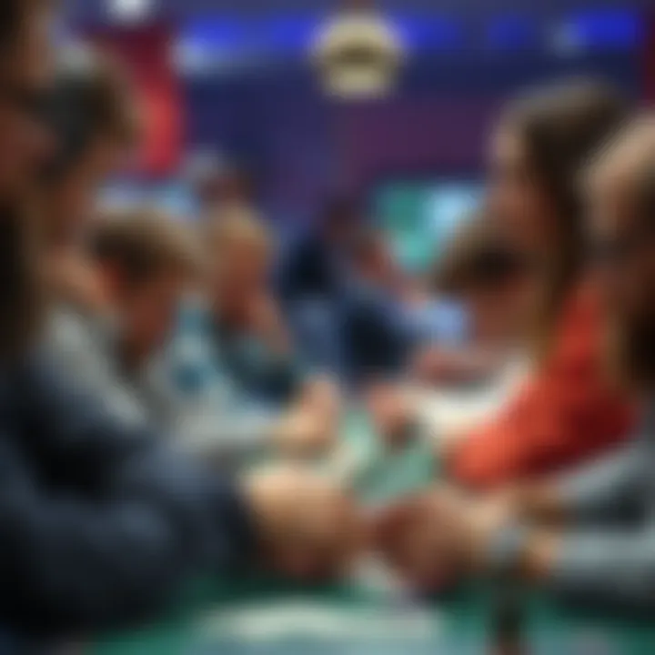 A group of stressed players at a tournament focused on their cards and expressions of doubt