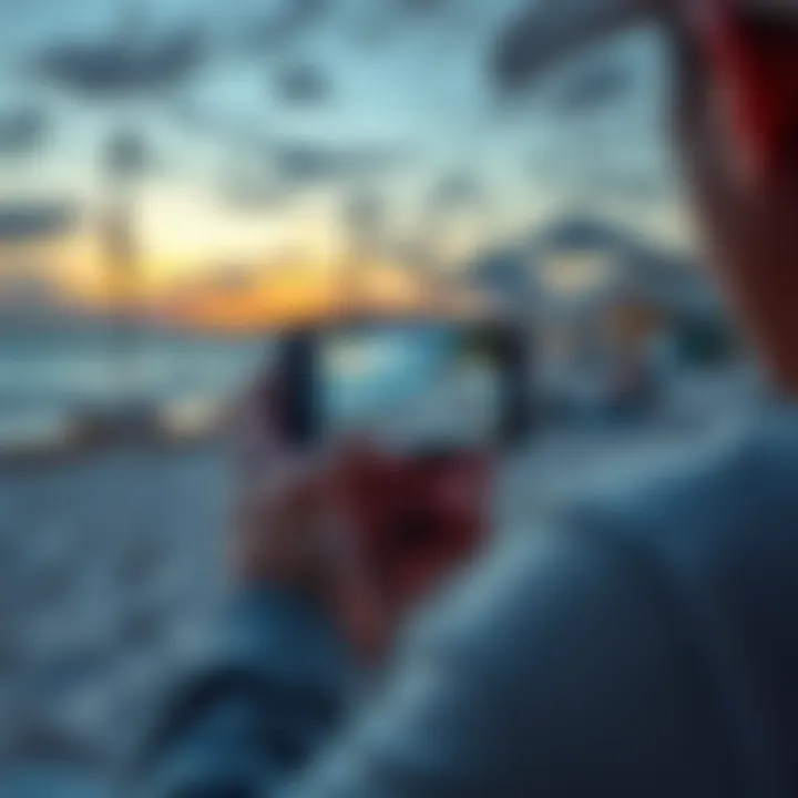 A person using a mobile phone to play games while relaxing on a beach in Bulgaria
