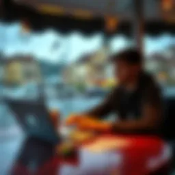 A person sitting at a laptop in a café, with chips and cards on the table, playing GGPoker while enjoying the European scenery outside.