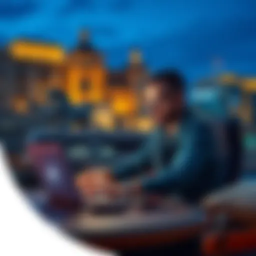 A person playing poker on a laptop while traveling in a foreign country, showcasing online gaming