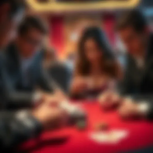 Playing BJ card game A group of people focused on a card game, with poker chips and cards on the table while one person reveals a winning hand