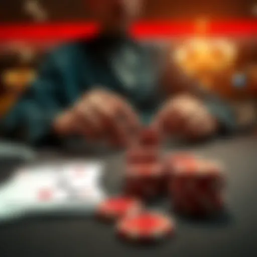 A player sits at a gambling table, contemplating placing a bet with stacks of chips in front of them, focusing on a single hand in the game.