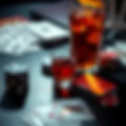 A table with playing cards and a drink, showing the risks of gambling with alcohol