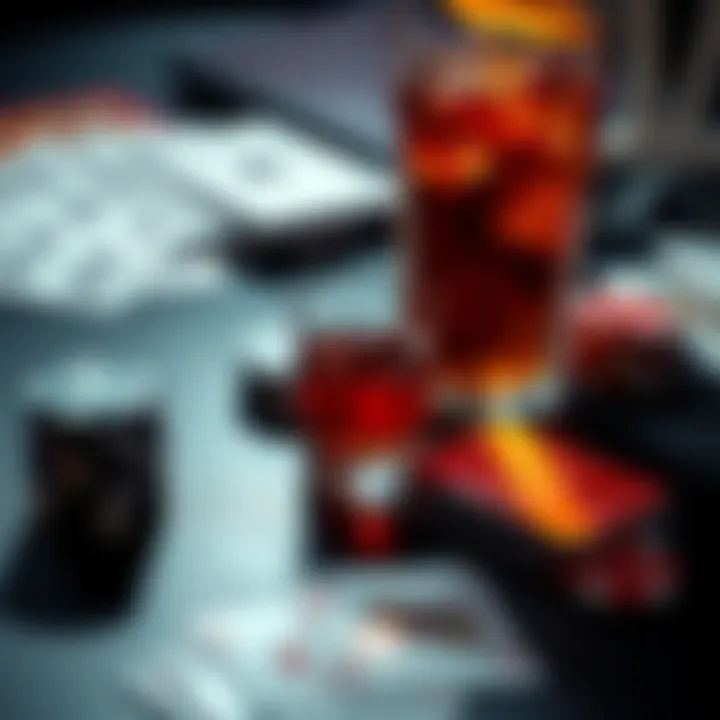 A table with playing cards and a drink, showing the risks of gambling with alcohol