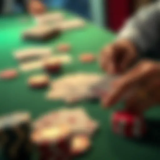 A close-up of playing cards on a green felt table, with a player's hand counting cards and chips in the foreground.