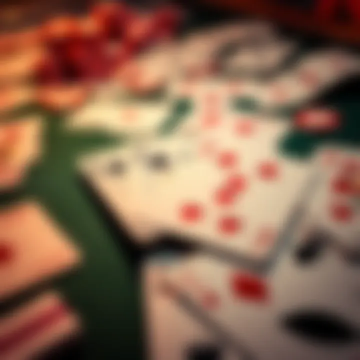 A table covered with playing cards, showing a hand with three pairs but no kicker, highlighting a strategic gaming situation.