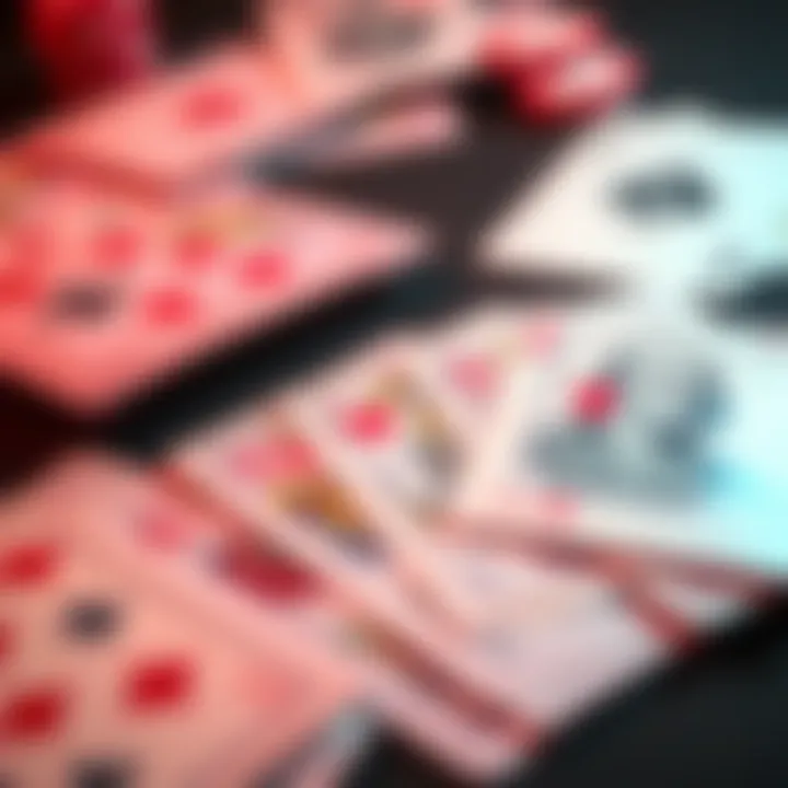 A close-up of colorful playing cards spread out on a table, with dollar bills beside them.